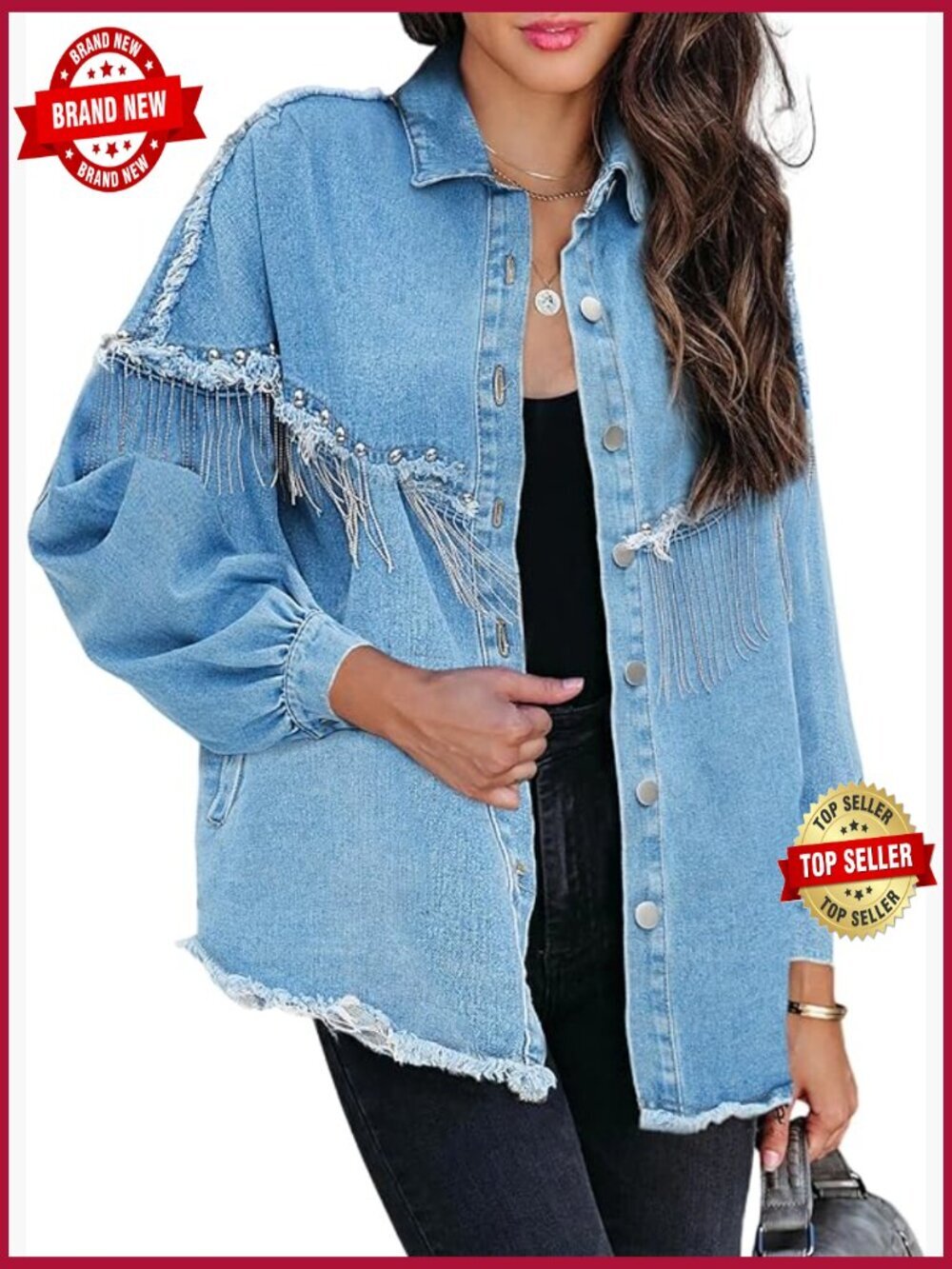 Oversized Fringe Denim Jacket Frayed Tassel Cowgirl Western Country Concert